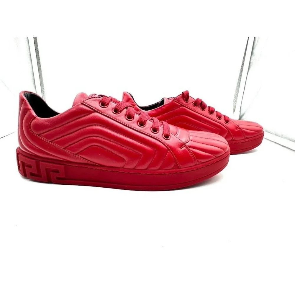 Versace Mens‎ Red Quilted Leather Medusa Greca Low Top Sneakers Shoes
